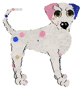 Dalmatian with pink, blue, and cream spots posing facing the viewer.
